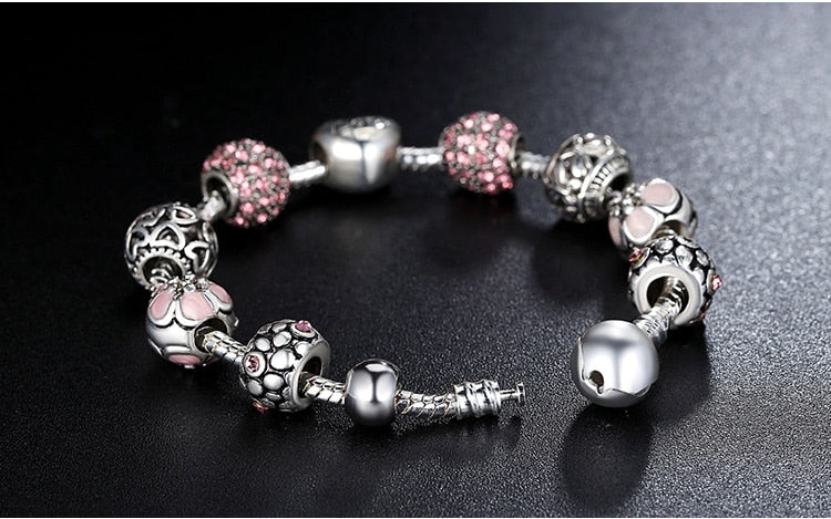 Antique Silver Charm Bracelet with Love & Flower Beads