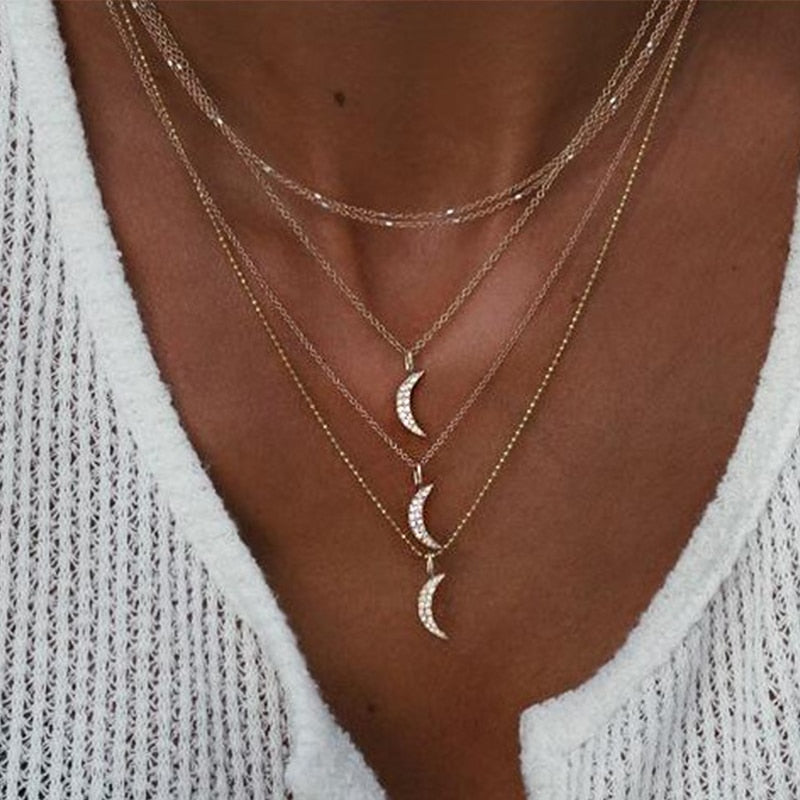 Triple Crescent Moon Pendant Necklace