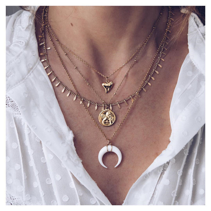 Angel Moon Crescent Layered Pendant Necklace