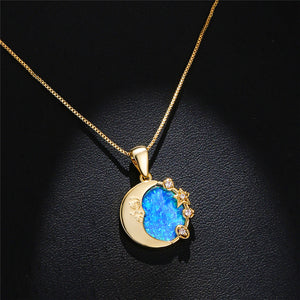 Fire Opal Moon Star Pendant Necklace