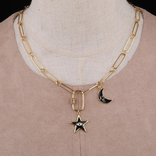 ADARA Enamel Moon & Star Oval Chain Link Necklace