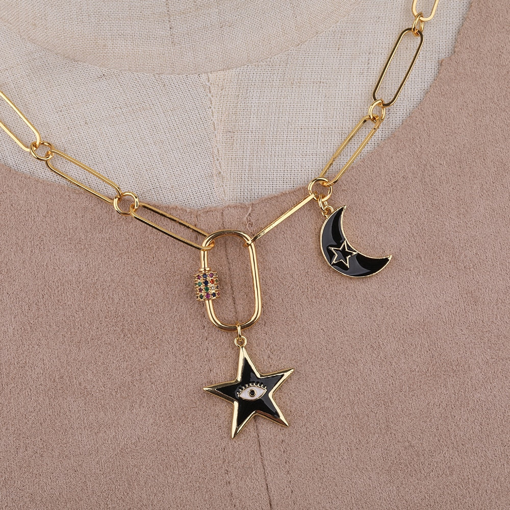 ADARA Enamel Moon & Star Oval Chain Link Necklace