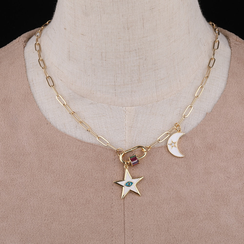 ADARA Enamel Moon & Star Oval Chain Link Necklace