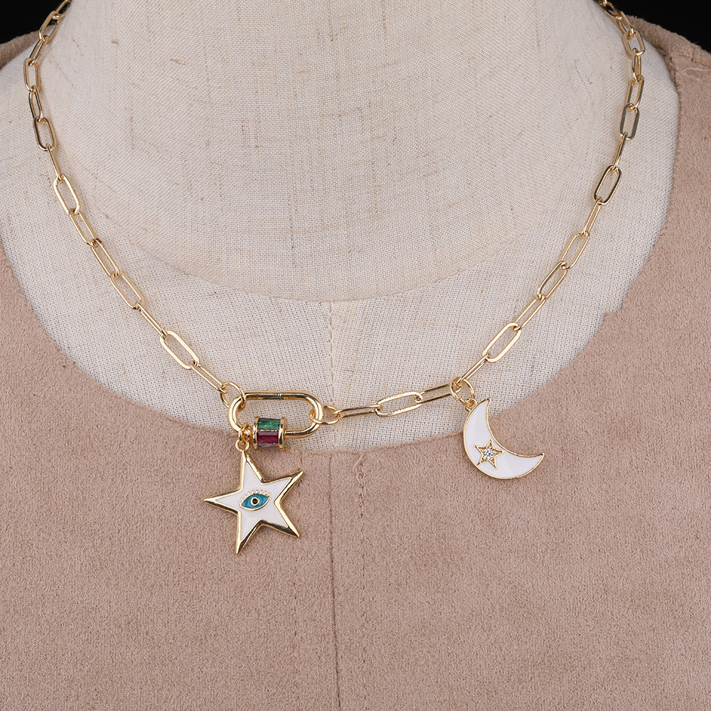 ADARA Enamel Moon & Star Oval Chain Link Necklace