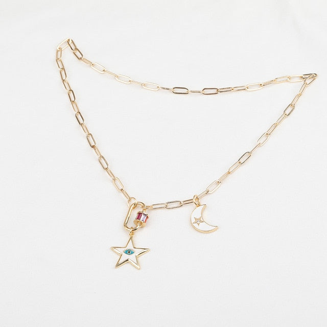 ADARA Enamel Moon & Star Oval Chain Link Necklace