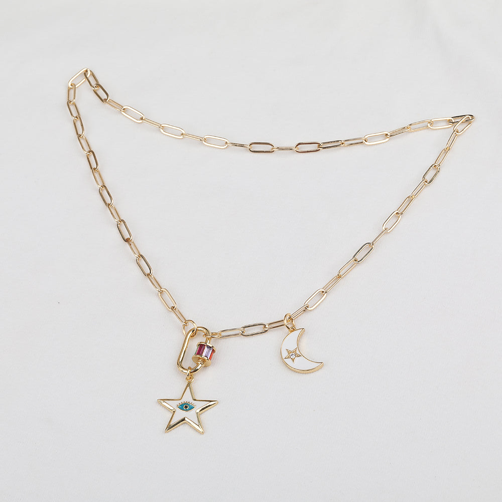 ADARA Enamel Moon & Star Oval Chain Link Necklace