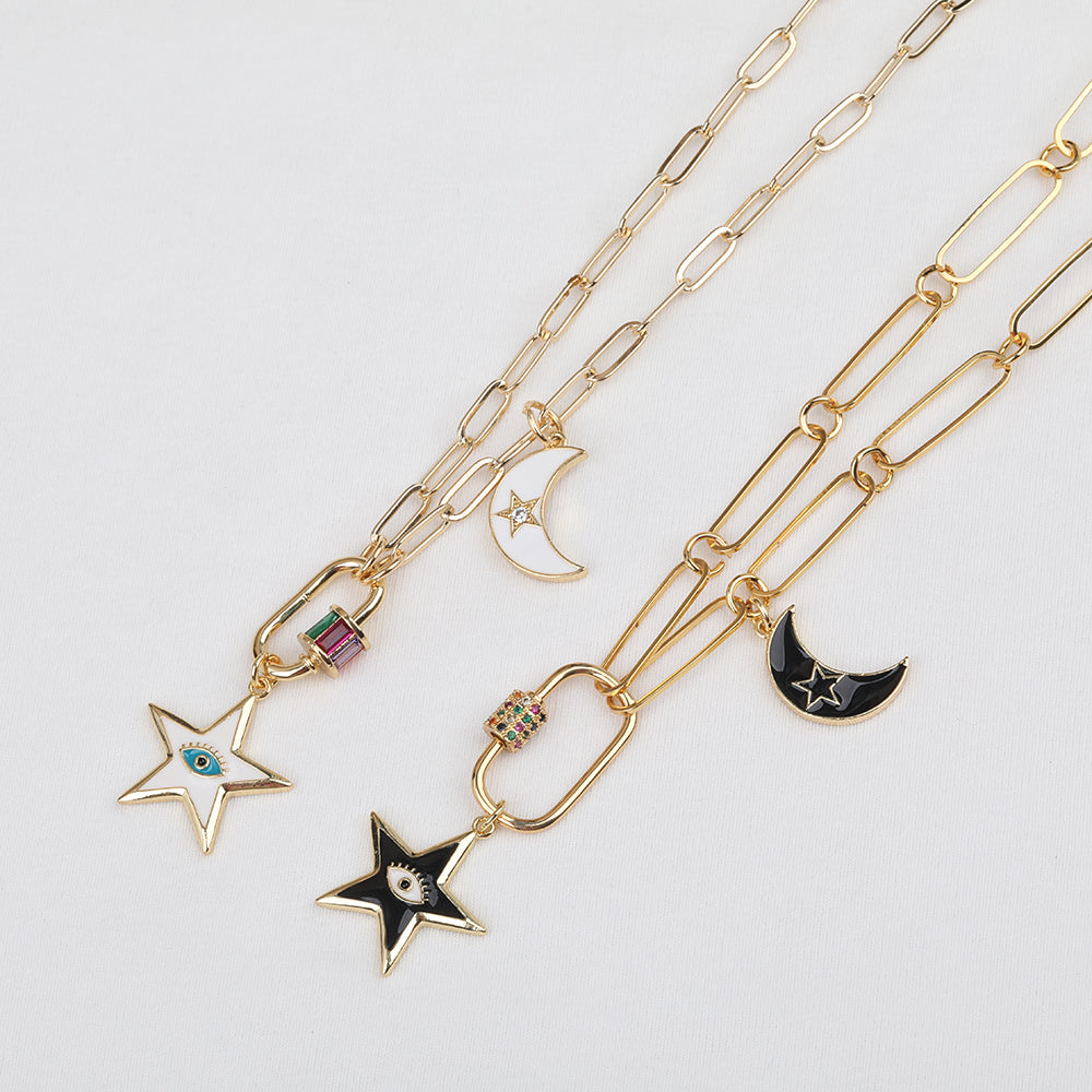 ADARA Enamel Moon & Star Oval Chain Link Necklace