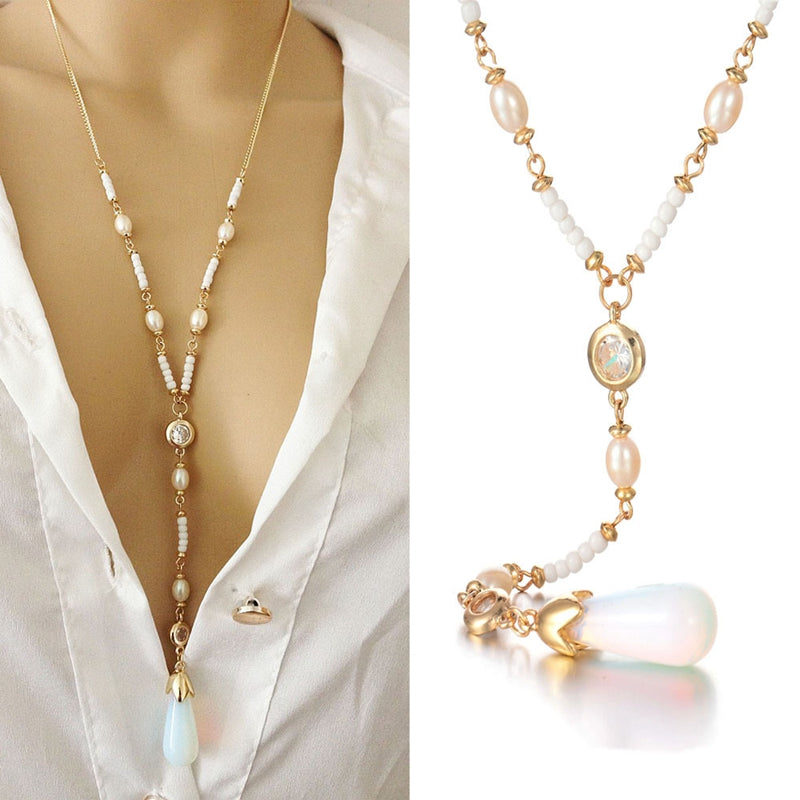 Extra Long Moonstone Pearl Pendant Necklace
